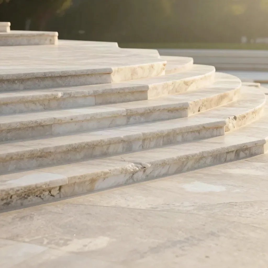 Terraza de travertino al sol con escalones de piedra y fondo de olivos desenfocado
